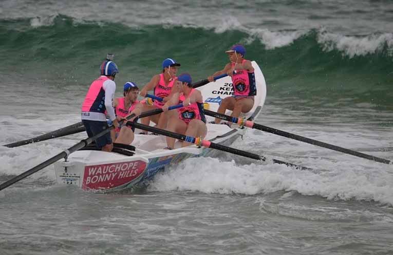 A Wauchope Bonny Hills Surf Life Saving Club team in competition at Scotts Head last month for rounds one and two of the North Coast Surf Boat Series.
