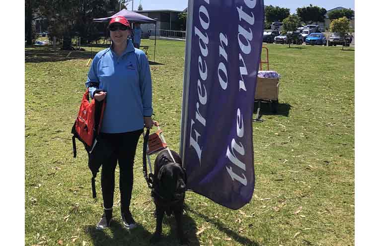 Kathryn Stephens ready to sail while her Guide Dog ‘Nessy’ stays on land. Photos: Pauline Cain.