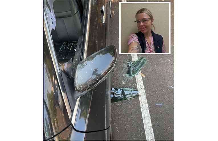 Nurse Marie Corson discovered her car had been targeted after working overnight on Friday. Photos: supplied.