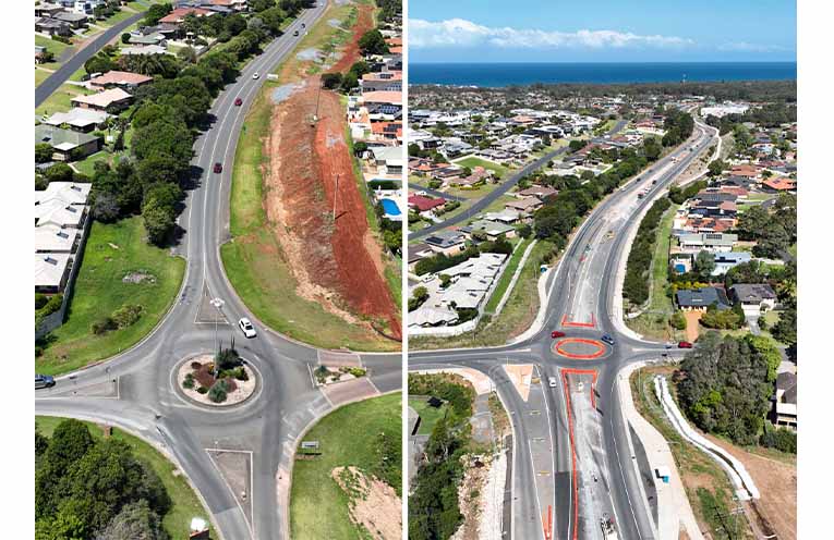 A before and during aerial view of Ocean Drive. Photo: NSW Government.