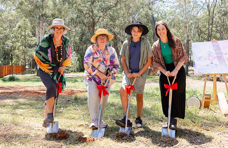 Celebrating the start of work on the new Steiner School: Bronwyn Bellemore, Architect; Ruth Gallagher, Board Chair; Caetano Alfaro, Class 6 student; and Mel Ayriss, Business Manager. Photo: supplied.