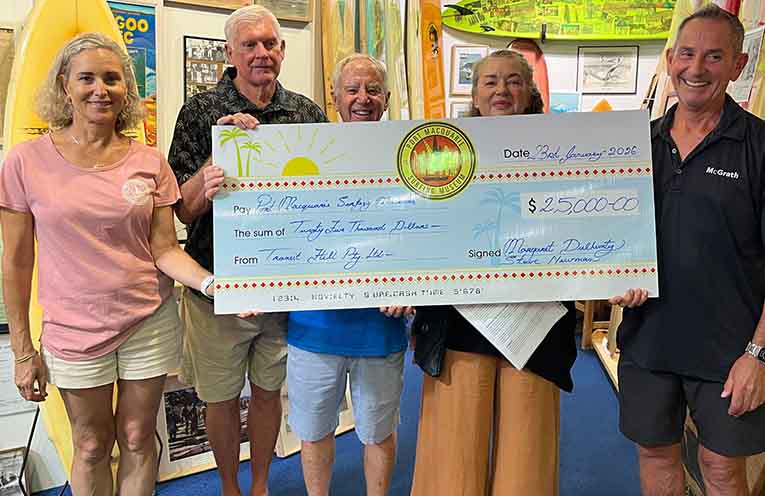 Donna Liver, Peter Hudson, and Alan Jeffrey of the Surfing Museum with donors Maggie Wolk and Steve Newman, Directors of Transit Hill Pty Ltd.