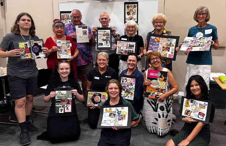 Participants (with Casey Baldwin from Intergen Connect in the centre) at the Intergenerational Creative Workshops at Port Macquarie Hastings Library. Photo: PMHC.