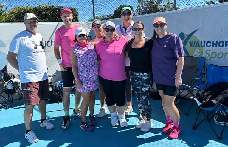 Michael Hall, Simon Moore, Kari Amundsen, Leeanne Gilmour, Sophie Taylor, Laura Robertson, Megan Rombi, and Rikki Waller. Photo: Wauchope Tennis Club & Pickleball Facebook.
