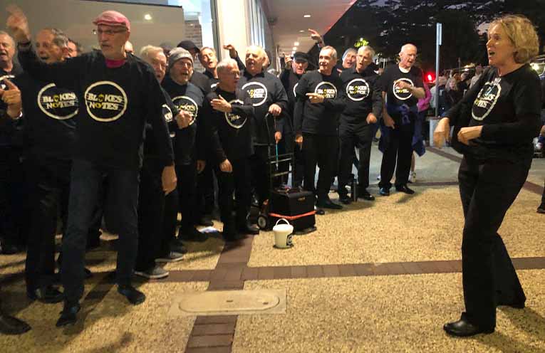 Blokes Notes entertaining crowds on the corner of Clarence and Murray Streets. Photo: Pauline Cain
