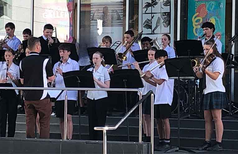 St Agnes’ Parish Secondary School bands entertained lunchtime crowds at The Glasshouse in Port Macquarie