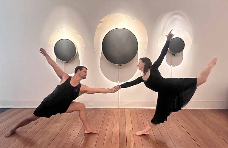 Dancers Sophie Triggs and Cobus Weise from ‘Rusty Muscle Collective’ improvising with the sound installation at an intimate performance during the opening weekend. Photo: Supplied.