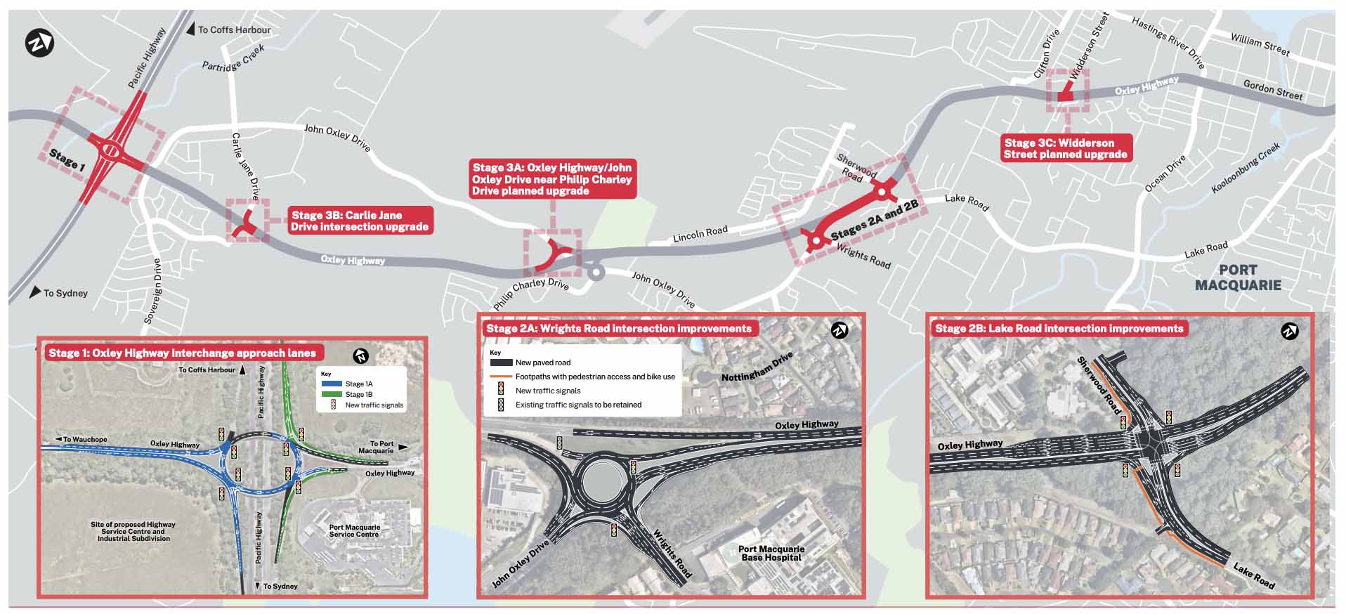 The staged plans for Port Macquarie’s Oxley Highway upgrade. Photo: Supplied.