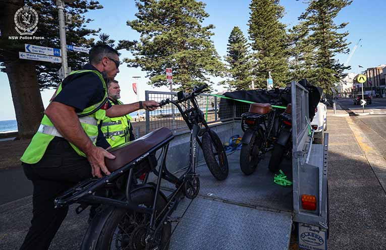 The first operation targeting illegal e-bikes, in Sydney’s Northern Beaches area, saw 36 e-bikes seized. Photo: NSW Police Force.