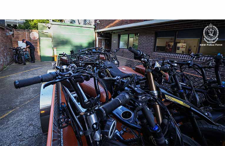 The first operation targeting illegal e-bikes, in Sydney’s Northern Beaches area, saw 36 e-bikes seized. Photo: NSW Police Force.