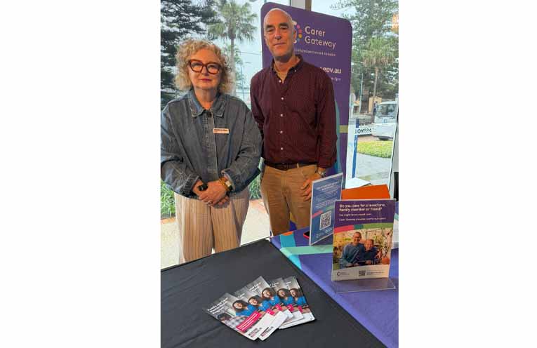 Kelly, a support worker with Mission Australia, and David, from Carer Gateway, at The Glasshouse event. Photo: Pauline Cain.
